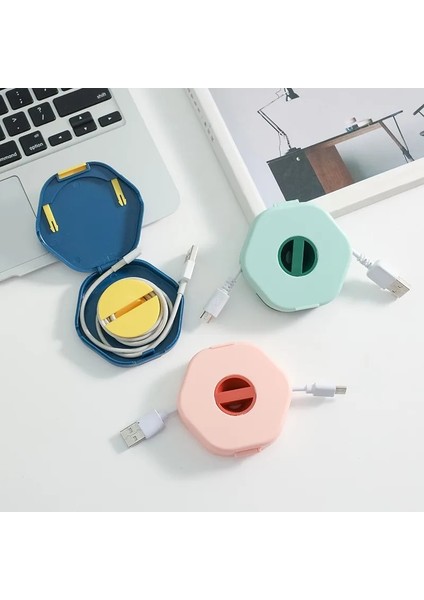 Kare Pembe Veri Kablosu Saklama Kutusu Tel Sarıcı Kutusu Taşınabilir Çok Fonksiyonlu Kablo Altıgen Konteyner USB Şarj Aleti Tutucu Tel Yönetimi (Yurt Dışından)
