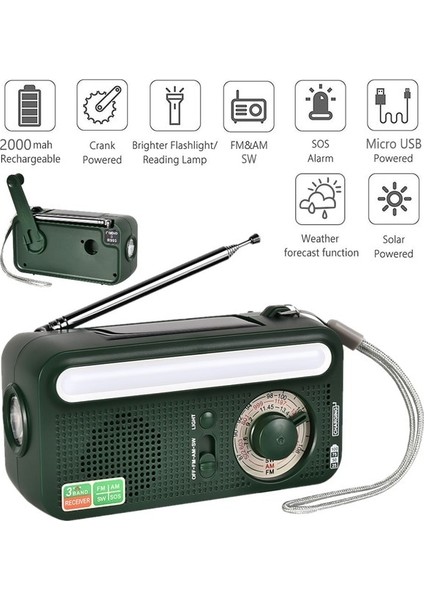 5 In 1 Yeşil Yükseltme Çok Fonksiyonlu Radyo El Krank Güneş USB Fm/ Am/noaa Hava Durumu Radyoları Acil Durum LED El Feneri Torch Güç Bankası (Yurt Dışından)