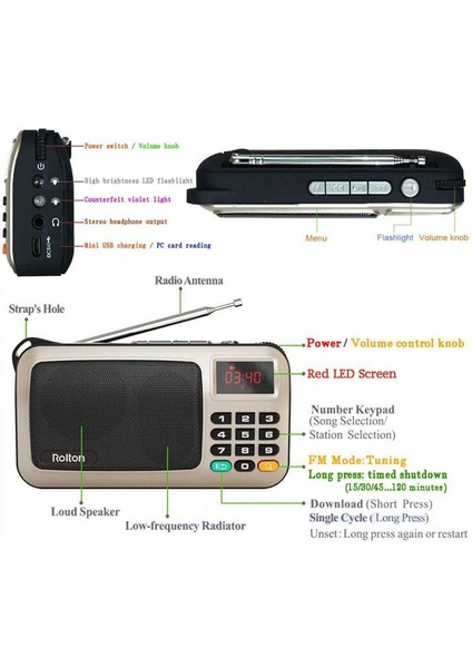 Altın Rolton W405 Dijital Mini Mp3 Müzik Çalar Taşınabilir Fm Radyo Hoparlör El Feneri ile Tf USB Disk Oynatıcı (Yurt Dışından) fırsatları