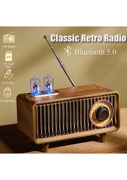 Siyah Ahşap Tahıl Retro Radyo Kablosuz Bluetooth Hoparlör Subwoofer Müzik Çalar LED Işık Desteği Handsfree Tf Kart USB Aux Oyna (Yurt Dışından)