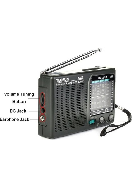 Siyah Tecsun R-909 Taşınabilir Radyo Fm Mw(Am) Sw(Kısa Dalga) 9 Bant Dünya Alıcısı Fm: 87.0-108MHZ/ŸMW: 525-1610 Khz Retro Cep Radyosu (Yurt Dışından)