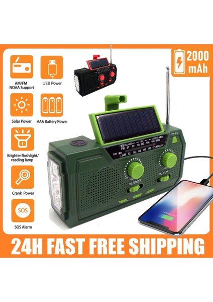 2000 Mah Siyah Yükseltme Çok Fonksiyonlu Radyo El Krank Güneş USB Fm/ Am/noaa Wb Hava Radyoları Acil Durum El Feneri Torch Güç Bankası (Yurt Dışından)