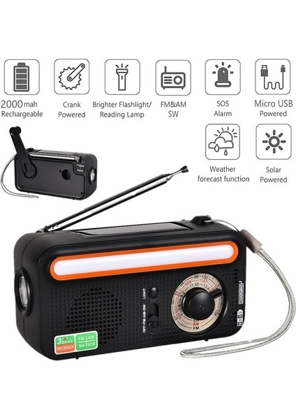 2000 Mah Siyah Yükseltme Çok Fonksiyonlu Radyo El Krank Güneş USB Fm/ Am/noaa Wb Hava Radyoları Acil Durum El Feneri Torch Güç Bankası (Yurt Dışından) fiyatları