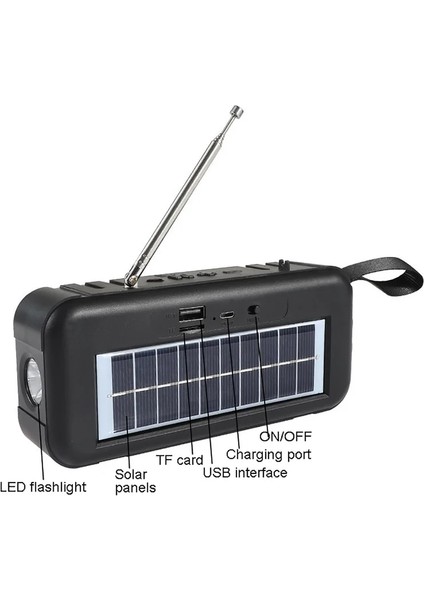 Siyah Yüksek Hassasiyetli Acil Durum Radyo Usb/tf/aux/fm Kablosuz Bluetooth Hoparlör Güneş Enerjisi Flaş Işığı Tarafından Şarj Taşınabilir Radyo (Yurt Dışından)