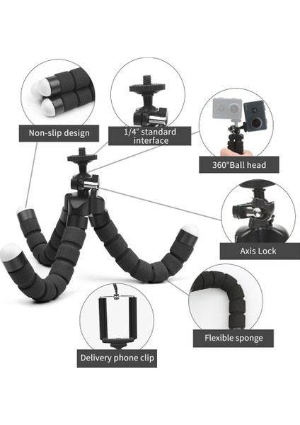 Siyah Tripod Seti Lıeve Mini Esnek Sünger Ahtapot Tripod iPhone Samsung Xiaomi Huawei Telefon Akıllı Telefon Tripod Gopro 9 8 7 Kamera (Yurt Dışından)