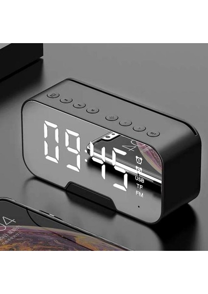 01 Siyah Taşınabilir Kablosuz Bluetooth 5.0 Hoparlör Sütunu Süper Bas Stereo Subwoofer Tf Aux Ayna Çalar Saat Fm Alıcı Radyo (Yurt Dışından)