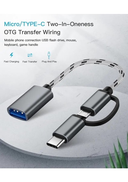 Gümüş 2 In 1 Otg Adaptör Kablosu Naylon Örgü USB 3.0 Mikro USB Tip C Veri Senkronizasyon Adaptörü Için Huawei Için MacBook USB C Telefon Disk Otg (Yurt Dışından)