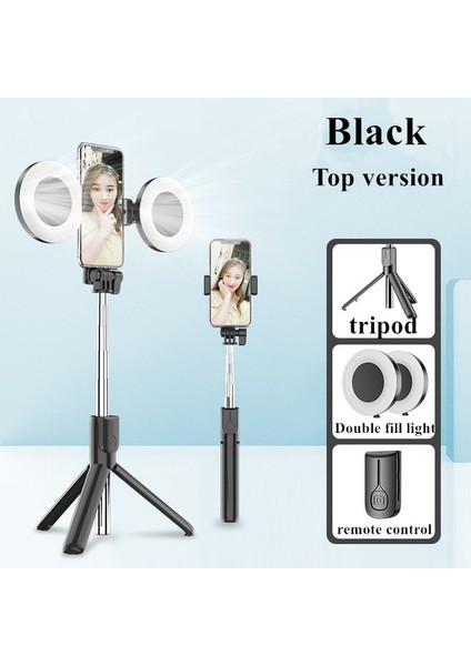 Siyah Çift Işıklı Selfie Çubuğu LED Halka Işık Uzatılabilir Canlı Tripod Standı 3'ü 1 Arada Monopod Telefon Bağlantısı ile iPhone x 8 Android Akıllı Telefon Için (Yurt Dışından)