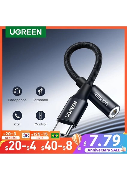 Siyah Akıllı Çip Ugreen Tip C 3.5 Jack USB C 3.5mm Kulaklık Adaptörü Ses Aux 3.5 mm Jak Dönüştürücü Huaweı P40 Xıaomı Oneplus 8 Pro (Yurt Dışından)