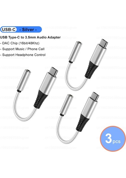 Silver-3pcs USB Tip C 3.5mm Aux Ses Adaptörü USB C Dac Çip Kulaklık Jak Kablosu Samsung S22 Ultra A53 A73 Oneplus 10 Pro 9 Nord 2 T (Yurt Dışından)