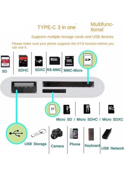 Type-C 3'ü 1 Arada Çok Bağlantı Noktalı Hub Dönüştürücü Type-C/lightning'den Usb'ye A Otg Adaptör Tf Sd Hafıza Kartı Okuyucu Iphone Android ve Dizüstü Bilgisayar Için (Yurt Dışından)