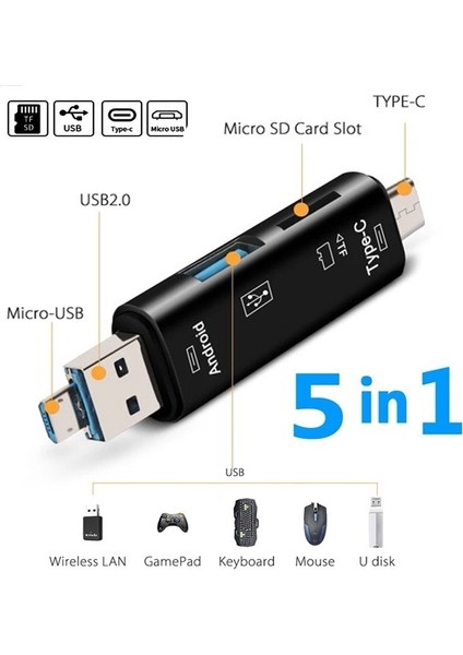 Beyaz 5in1 Kart Okuyucu Otg USB Tip C USB Mikro USB Tf Sd U Disk Hafıza Kartı Okuyucu Otg Adaptörü Xiaomi Samsung Telefon Aksesuarları (Yurt Dışından) fırsatları