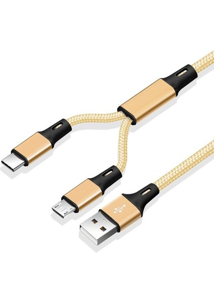 Altın 2 In 1 Mikro USB Kablosu C Tipi Kablolar Hızlı Şarj Şarj Kablosu Tablet Telefon Şarj Kablosu 2in1 Naylon Örgülü Android Teller (Yurt Dışından)