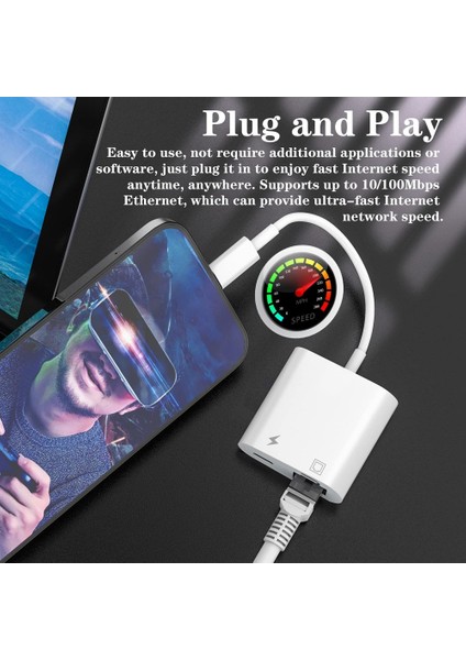 100MBS Ios Lightning - RJ45 Adaptörü 2'si 1 Arada Ethernet Lan Ağ Adaptörü, Şarj Bağlantı Noktalı Iphone/ipad/ipod Tak ve Çalıştır ile Uyumlu (Yurt Dışından)