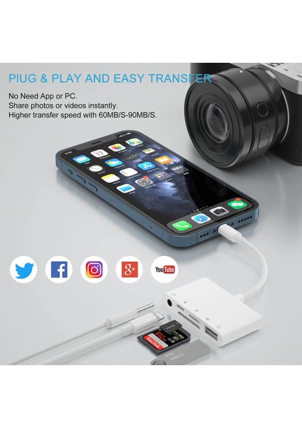 Type 5 Sd Tf Kart Okuyucu USB Kamera Adaptörü - Iphone/ipad USB Otg Kamera Bağlantı Kitleri, 3,5 mm Kulaklık Jakı ve Şarj Bağlantı Noktası (Yurt Dışından) modelleri