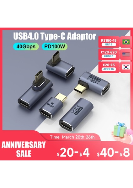 Stil 6 USB 4.0 Pd 100W 8k 60Hz Şarj Aleti Konektörü Macbook Için 40GBPS Yüksek Hızlı USB C Otg U-Şekil Düz Açı Erkek Dişi Adaptör (Yurt Dışından)