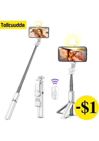 Q02S LED Siyah Kablosuz Bluetooth Selfie Çubuğu Katlanabilir Taşınabilir Tripod, Android iPhone Akıllı Telefon Için Dolgu Işığı Deklanşör Uzaktan Kumanda ile (Yurt Dışından)