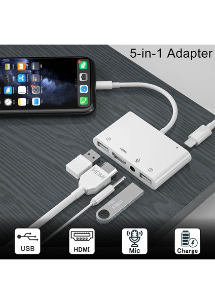 E Lightning - HDMI Adaptörü Mikrofon Ses Kablosu Aux Jack Çift USB Hub 4K Av Tv Otg iPhone Için Şarj 12/11PRO/11/XS//X/8/IPAD (Yurt Dışından) fiyatları