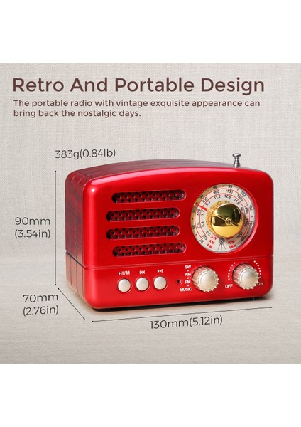 Kırmızı Prunus J-160 Klasik Retro Fm Am Masaüstü Radyo Alıcısı Şarj Edilebilir Taşınabilir Mp3 Radyolar Stereo 3 W Bluetooth Hoparlör Aux USB (Yurt Dışından)