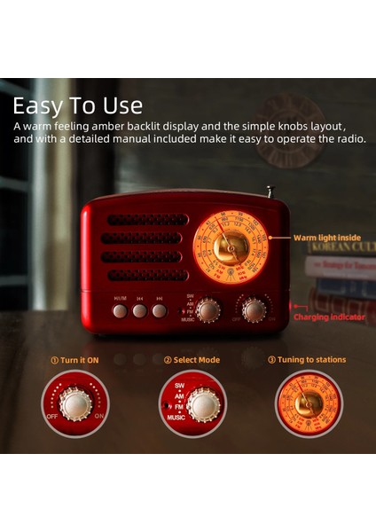 Kırmızı Prunus J-160 Klasik Retro Fm Am Masaüstü Radyo Alıcısı Şarj Edilebilir Taşınabilir Mp3 Radyolar Stereo 3 W Bluetooth Hoparlör Aux USB (Yurt Dışından)