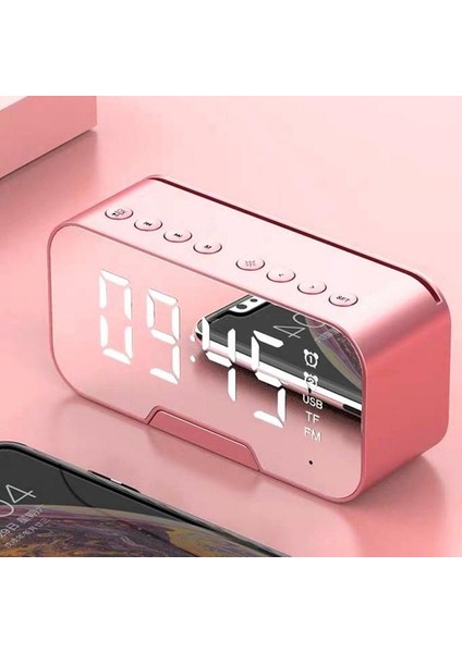 02 Pembe Taşınabilir Kablosuz Bluetooth 5.0 Hoparlör Sütun Süper Bas Stereo Subwoofer Tf Aux Ayna Çalar Saat Fm Alıcı Radyo (Yurt Dışından)