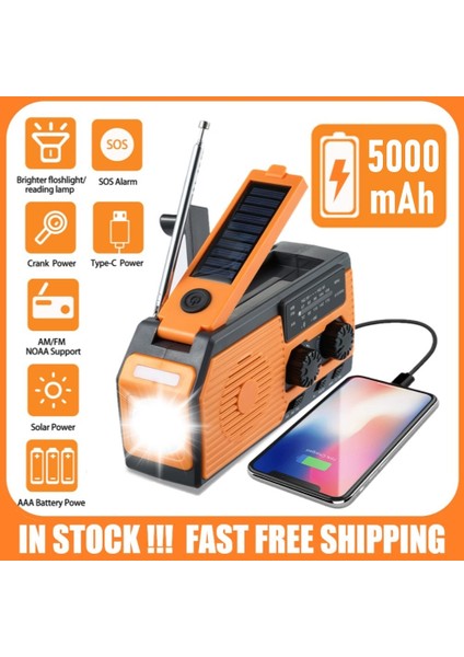 2000MAH Beyaz 5000MAH Çok Fonksiyonlu Radyo El Krank Solar USB Şarj Fm Am Wb Noaa Hava Durumu Radyo Acil Durum LED El Feneri Torch Güç Yasağı (Yurt Dışından)