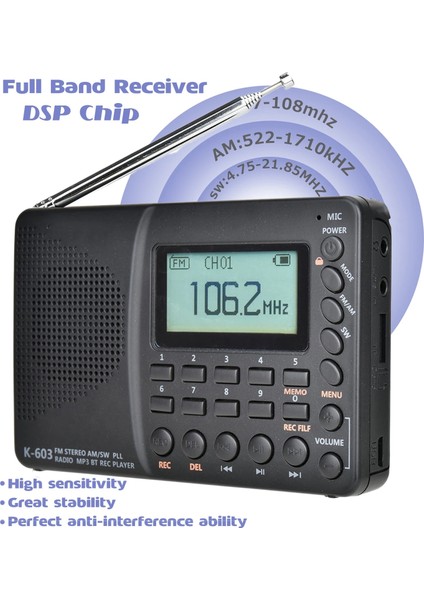 Siyah Jınserta Radyo Alıcısı Fm/am/sw Tam Bant Taşınabilir Cep Radyosu Bluetooth Mp3 Müzik Çalma Desteği Tf Kart U Disk Kayıt (Yurt Dışından) fiyatları