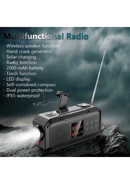 Siyah Güneş Enerjisi El Krank Radyo Taşınabilir Acil Durum Radyo Bluetooth Uyumlu Hoparlör Açık Kamp Yürüyüş Için LED El Feneri (Yurt Dışından) modelleri