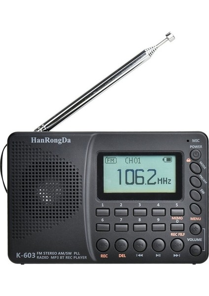 Siyah Hanrongda K-603 Tam Bant Radyo Bluetooth Fm Am Sw Taşınabilir Cep Radyoları Mp3 Dijital Kayıt Kaydedici Desteği Mikro Sd Kart (Yurt Dışından)
