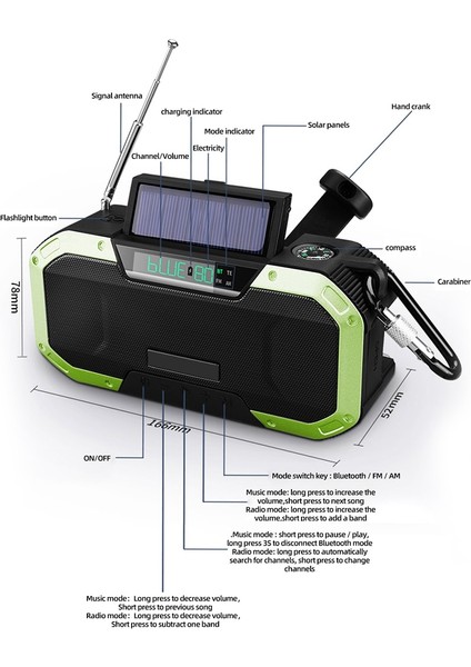 Yeşil Am/fm Radyo Acil El Krank Radyosu Güneş Enerjili Radyo El Feneri ile Bluetooth Hoparlör 5000 Mah Güç Bankası Telefon Şarj Cihazı (Yurt Dışından)