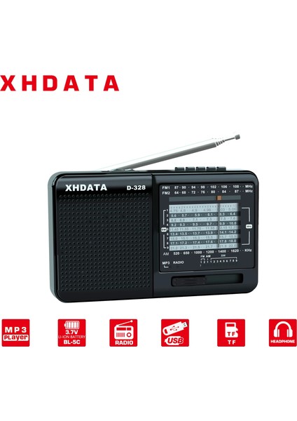 Siyah Xhdata D-328 Siyah Taşınabilir Radyo Am Fm Sw 12 Bantlı, Dsp/mp3 Müzik Çalar ve Tf Kart Yuvası USB Mini Fm Radyo Alıcısı (Yurt Dışından)