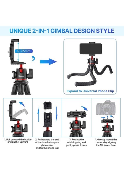 Mt-33 Vıjım Ulanzi Mt-33 Esnek Ahtapot Tripod Telefon Kamera Dslr 2in1 Tasarım Tripod Telefon Tutucu Yan Soğuk Ayakkabı 1/4'' Vida (Yurt Dışından)