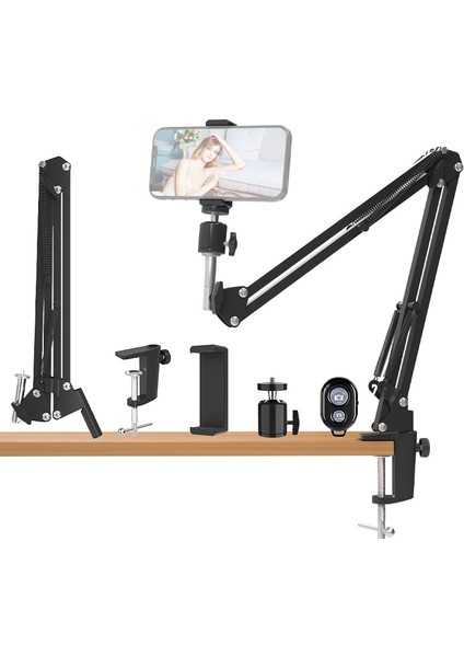 Cep Telefonu Tutucu Esnek Kaz Boyun Tipi Stand 360° Dönüş Uzun Kol Masa Braketi Halka Işık, Mikrofon, Video Çekimi Için Mobil Kelepçe (Yurt Dışından) fiyatları