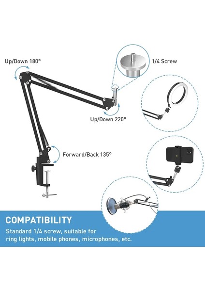 Cep Telefonu Tutucu Esnek Kaz Boyun Tipi Stand 360° Dönüş Uzun Kol Masa Braketi Halka Işık, Mikrofon, Video Çekimi Için Mobil Kelepçe (Yurt Dışından) modelleri
