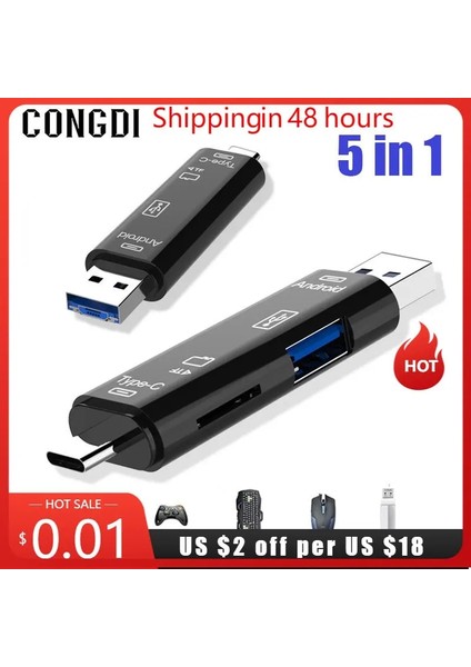 Siyah 5 In 1 Tip C Adaptör Çok Fonksiyonlu USB Mikro Tf Sd Hafıza Kartı Okuyucu Otg Cep Telefonu Bilgisayar Akıllı Telefon Dock Otg Adaptörü (Yurt Dışından)