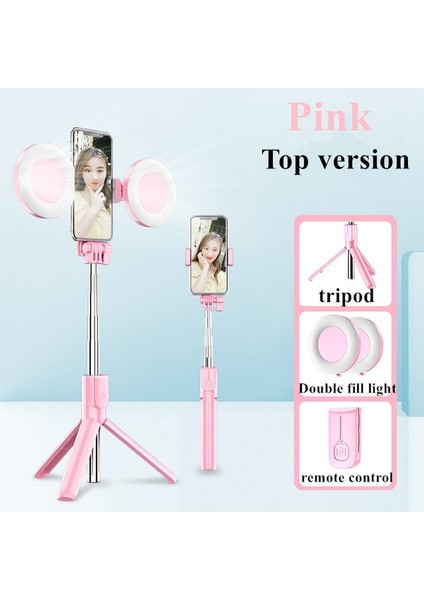 Pembe Çift Işıklı Selfie Çubuğu LED Halka Işık Uzatılabilir Canlı Tripod Standı 3'ü 1 Arada Monopod Telefon Bağlantısı ile iPhone x 8 Android Akıllı Telefon Için (Yurt Dışından)