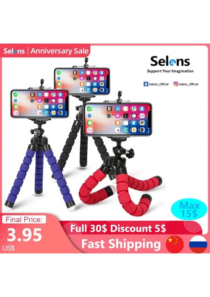 Siyah Selens Moda Tripod Telefon Esnek Sünger Ahtapot Mini Tripod IPhone Mini Kamera Tripod Telefon Tutucu Klip Standı 삼각대 (Yurt Dışından)