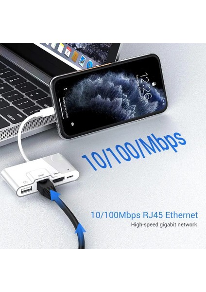 HDMI USB Chg Lightning - RJ45 Ethernet Otg Dijital Av Adaptörü HDMI Lan Kablolu Ağ USB Hub 1080P Sync Ekran Dönüştürücü Ipad/iphone 14 Için (Yurt Dışından)