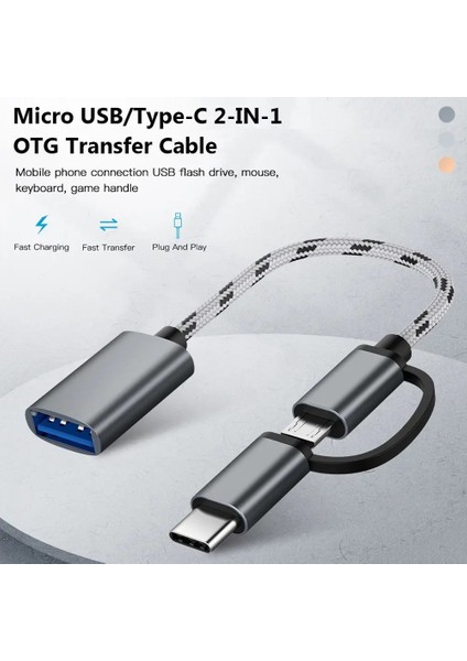 Gri Yüksek Kaliteli Hızlı Transfer Veri Kablosu Telefon Tablet Mikro Usb/tip-C'den USB 3.0'a 2'si 1 Arada Adaptör Otg Kablo Erkek Kadın (Yurt Dışından)