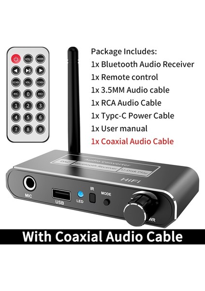 Koaksiyel Kablo ile Hıfı Bluetooth 5.2 Ses Alıcısı Koaksiyel/mikrofon/usb U-Disk Girişi 3.5 Mm/l R Rca Çıkışı Kablosuz Adaptör Ktv Karaoke Araba Hoparlörü (Yurt Dışından)