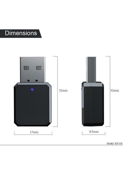 Bluetooth V5.1 KN318 Bluetooth 5.1 Ses Alıcısı Çift Çıkışlı Aux USB Stereo Araç Eller Serbest Arama Dahili Mikrofon Mikrofon Kablosuz Adaptör (Yurt Dışından)