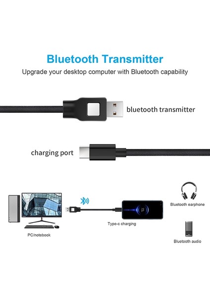 Siyah 2 In 1 Bluetooth 5.0 Verici Kablosu Akıllı USB Şarj Kablosu Ofis Ev Için Tip C Kablo Tv Pc Için Anahtarı Dock Ps Konsolu (Yurt Dışından)