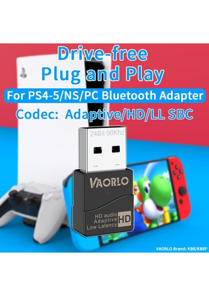 KB8P 24BIT Typec Set Orijinal Vaorlo KB8P KB9P 16-24BIT USB Bluetooth 5.2 Kablosuz Av Alıcısı-Vericisi Uyarlanabilir Hd Ll Sbc 40MS Düşük Gecikme Hifi Kablosuz Adaptör (Yurt Dışından)