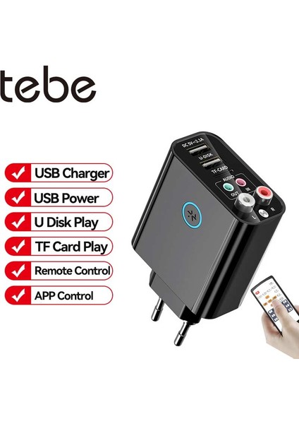 Siyah Ab Tebe 2 In 1 Bluetooth 5.0 Alıcı Verici 3.5mm Rca Kablosuz Ses Adaptörü U Disk/tf Oyun Desteği App Kontrolü USB Şarj Aleti (Yurt Dışından)