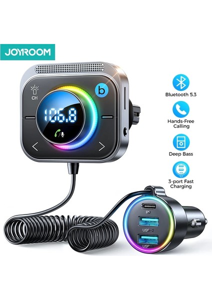 Siyah Joyroom Bluetooth 5.3fm/aux Bluetooth Araç Adaptörü Araç Şarj Cihazı Bas Güçlendirme 3 Port Pdqc 3.0 Fm Bluetooth Araç Vericisi (Yurt Dışından)