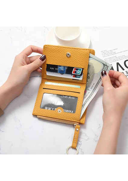 Yeni Sarı Kadın Cüzdan Yumuşak Pu Deri Kadın Çanta Mini Çile Kart Tutucu Para Kısa Cüzdan Ince Küçük Çanta Fermuar Anahtarlık (Yurt Dışından)