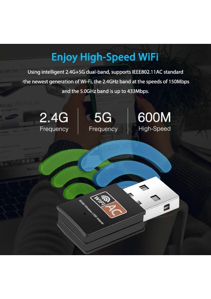 Siyah USB Wifi Adaptörü 600 Mbps Adaptör 2.4g 5 Ghz USB Pc Wi-Fi Adaptörü Ieee 802.11A/B/G/N, 802.11AC Lan Wifi Dongle Ac Wifi Alıcısı (Yurt Dışından)
