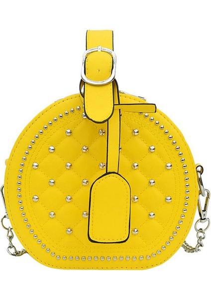 Moda Kadın Omuz Crossbody Deri Yuvarlak Perçin Zincir Çanta (Yurt Dışından)