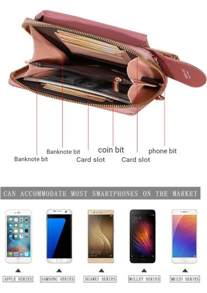 Kadın Cüzdan Omuz Askıları Çanta Çok Fonksiyonlu Cep Telefonu Debriyaj Deri Cüzdan Bayan Büyük Kapasiteli Seyahat Kartı Tutucu (Yurt Dışından)