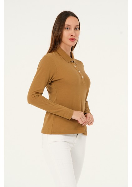 Kadın Regular Fit Camel Uzun Kollu Polo